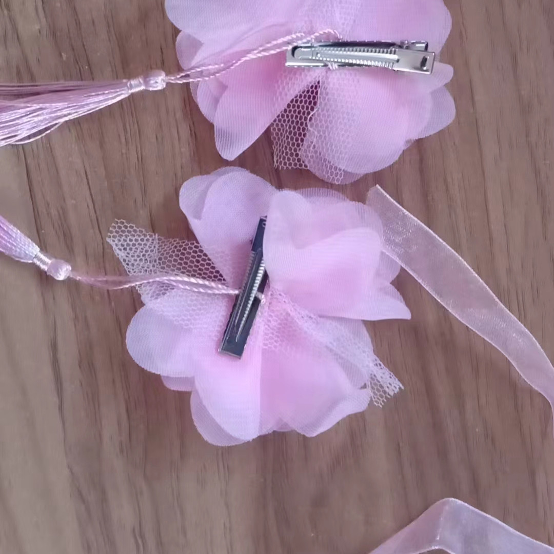 俏执扇服装配饰女童头饰三层纱织带蝴蝶结发夹大顶夹子团扇舞蹈鞋