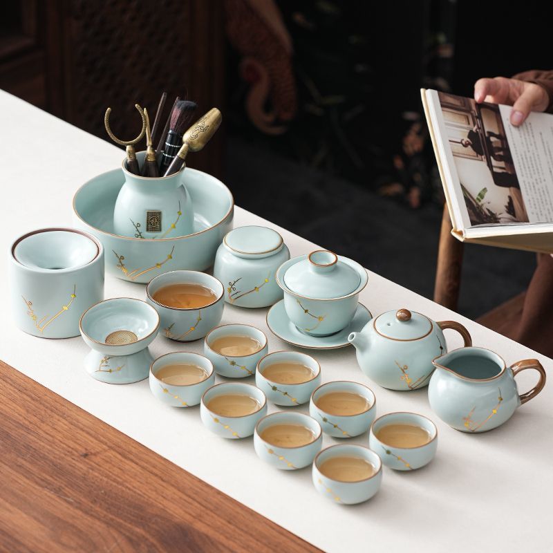 焗钉图天青汝窑功夫茶具套装家用西施壶盖碗陶瓷茶壶喝茶茶杯茶盘