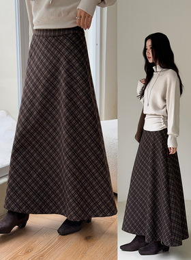 【奶咖格町】法式复古格纹a字中长裙女冬季高腰半身裙s3032f