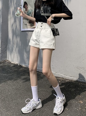 508新款夏季白色牛仔短裤女高腰宽松a字超短裤显瘦百搭潮高腰设计