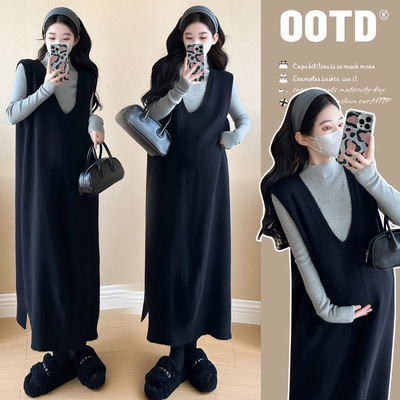 实拍 孕妇秋冬装毛衣两件套过膝长款针织连衣裙套装