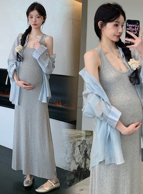 2025春夏新款弹力针织背心裙+蓝色开衫两件套显瘦外穿孕妇套装女