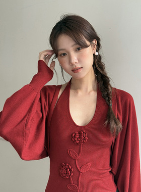 【冬雪花镜】立体花朵挂脖背心+冬季毛针织开衫两件套装n748c