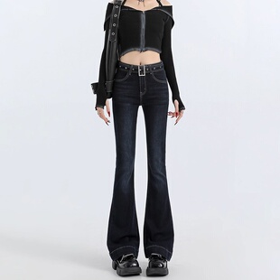 D9102高街辣妹韩版微喇牛仔裤女春秋装配带腰带设计感喇叭牛仔裤