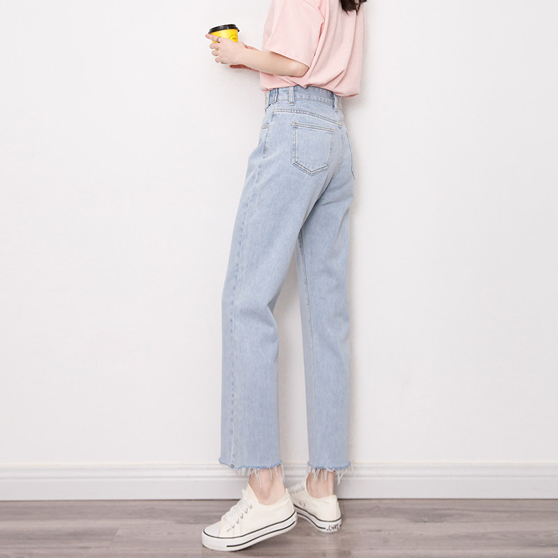 秋显瘦显高宽松毛边高腰阔腿牛仔裤女小个子浅蓝色直筒裤子潮ins