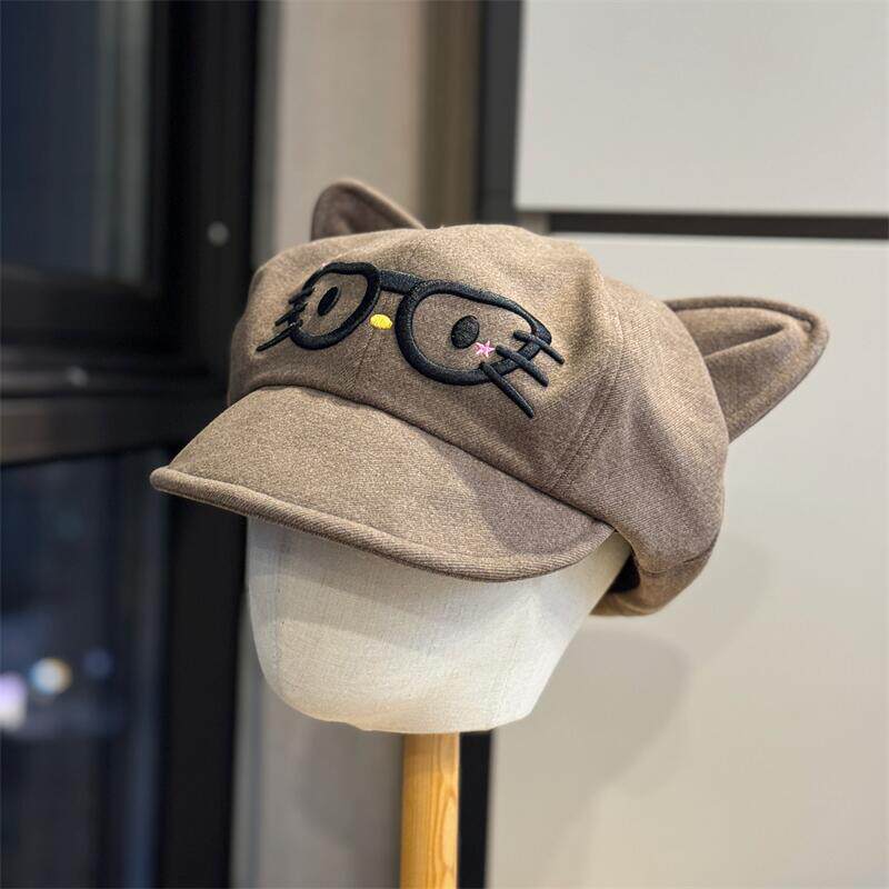 卡通可爱眼镜猫咪贝雷帽女秋冬百帽子