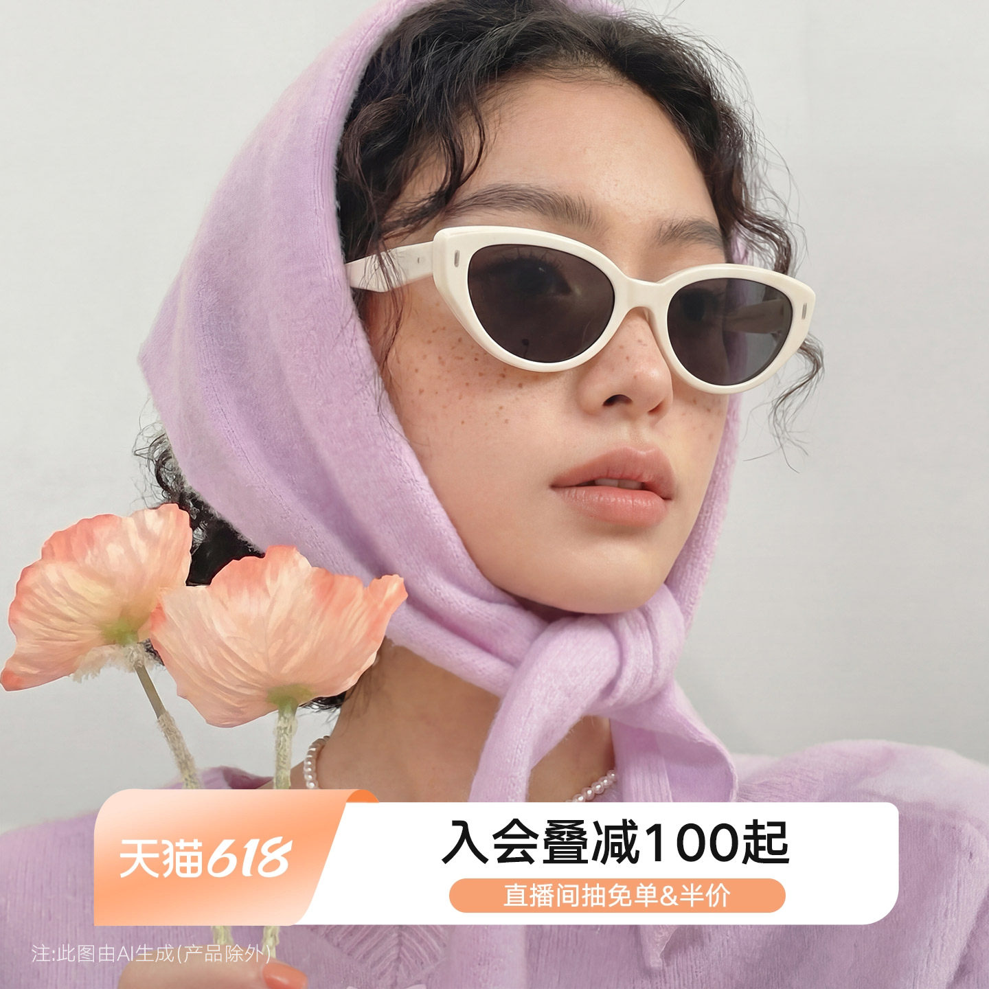 QINA亓那时尚猫眼墨镜女款奶白镜框防晒太阳镜潮流男QN3017