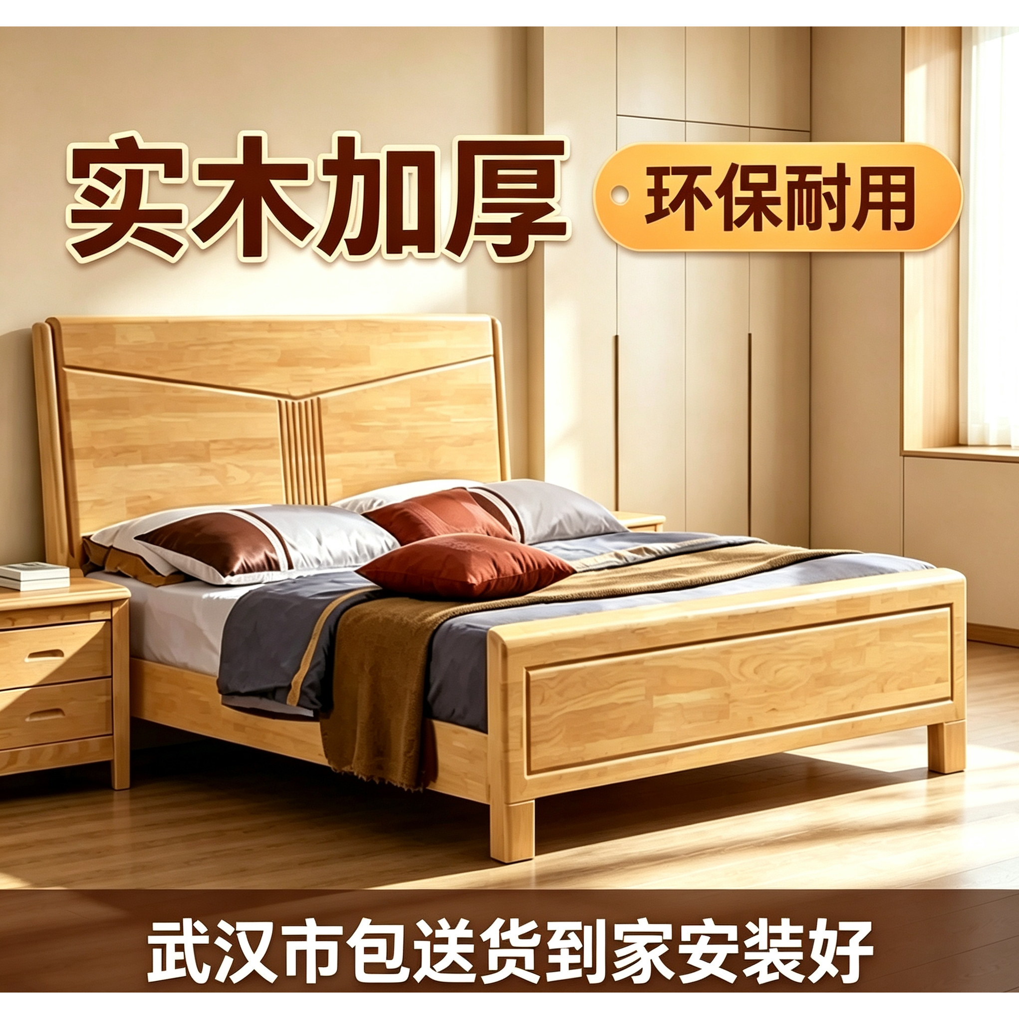现代简约加厚实木双人床