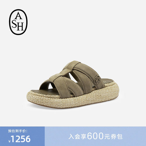 ASH女鞋夏季VOX真皮草编厚底休闲凉拖鞋女外穿百搭懒人一字拖