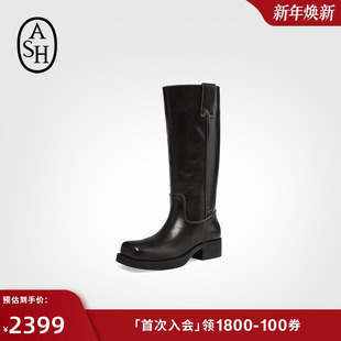 ASH女靴2025秋冬YORK真皮中跟高筒靴女粗跟方头套筒长靴时装 靴