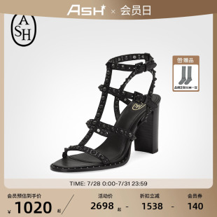 ASH女鞋 春夏KABUKI BIS真皮铆钉超高跟粗跟一字扣带凉鞋