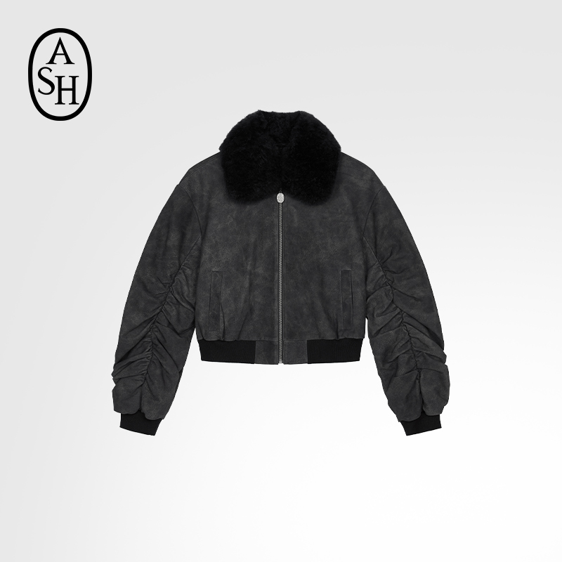 ASH女装秋冬款GRUNGE 100%牛皮革羊毛领夹克外套