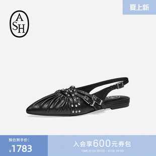 ASH女鞋26夏季新款BIANCA真皮褶皱平底女尖头一脚蹬单鞋时装凉鞋