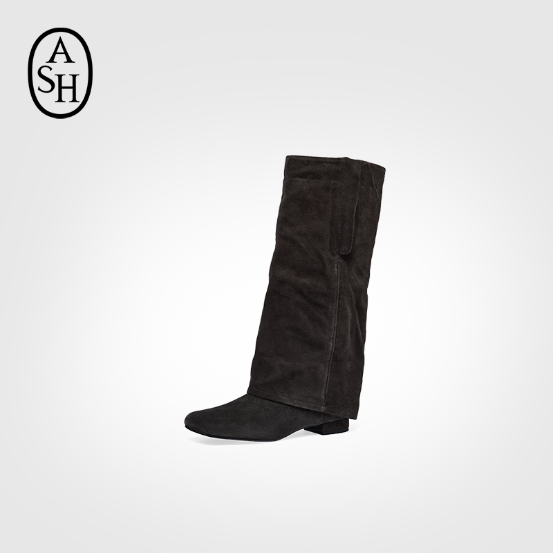 ASH女靴2025秋冬款KIMONO真皮低跟高筒靴女性感显瘦尖头粗跟长靴