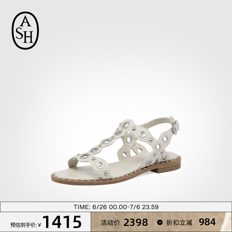 ASH女鞋2025夏季新款POP真皮铆钉凉鞋露趾平底女简约休闲罗马鞋潮