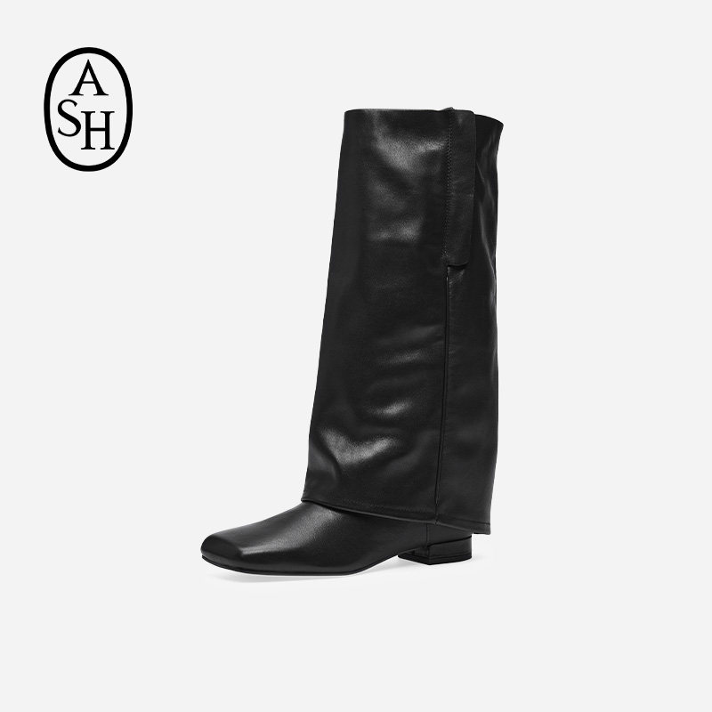 ASH女靴秋冬款KIMONO真皮低跟高筒靴女显瘦尖头粗跟时装长靴
