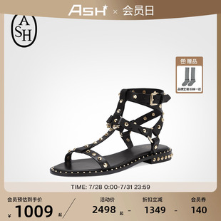 春夏PULP铆钉真皮露趾一字扣低跟粗跟罗马凉鞋 ASH女鞋 女