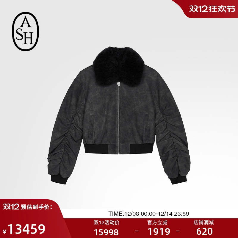 ASH女装秋冬款GRUNGE 100%牛皮革羊毛领夹克外套