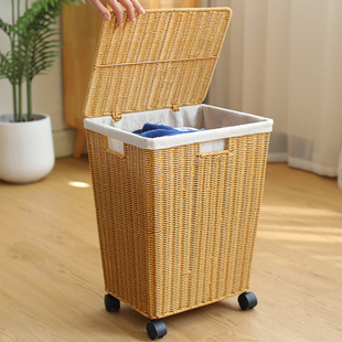 家用脏衣篓仿藤编轻奢洗衣篮带轮收纳桶有盖浴室洗澡脏衣服收纳筐