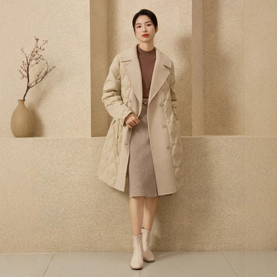 大翻领时尚单排扣拼接毛呢羽绒服冬季新款中长款时尚外套HT43213