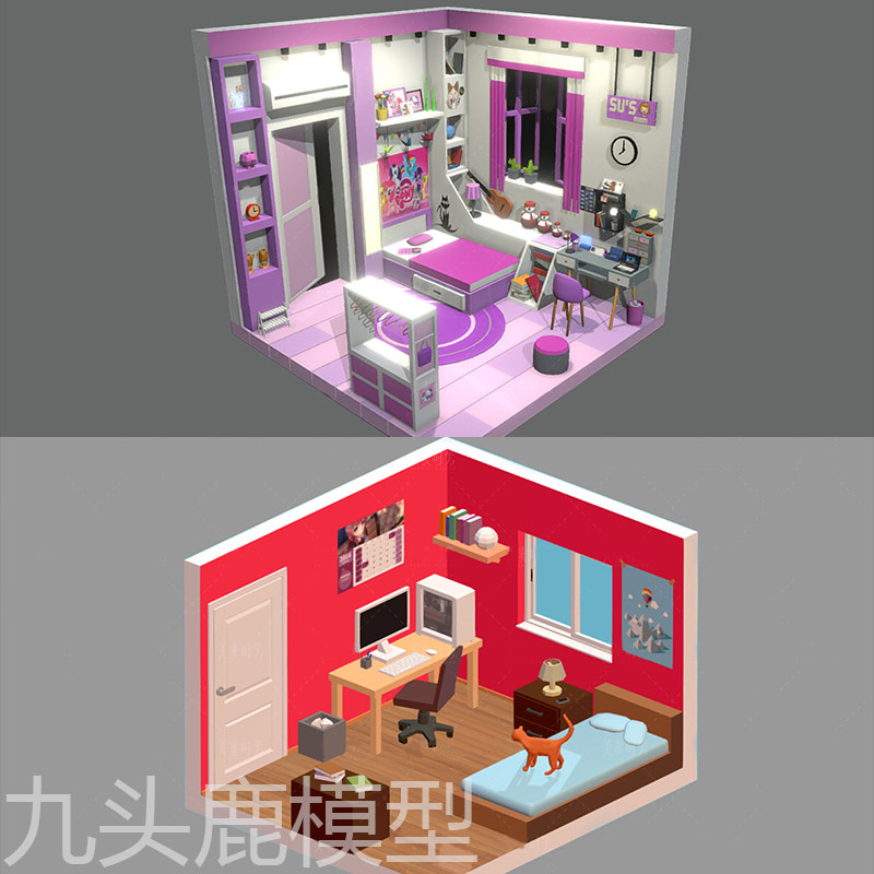 maya 3Dmax unity blender三维卡通游戏动画建筑房子卧室模型素材