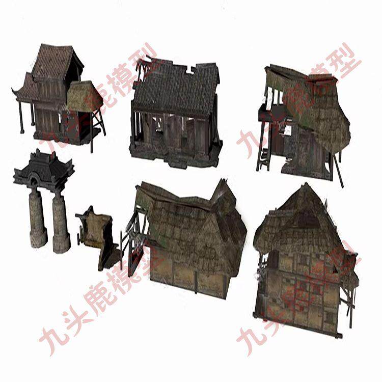 中式建筑破旧破败破损房屋木屋建筑牌坊3D模型C4D FBX STL OBJ SU