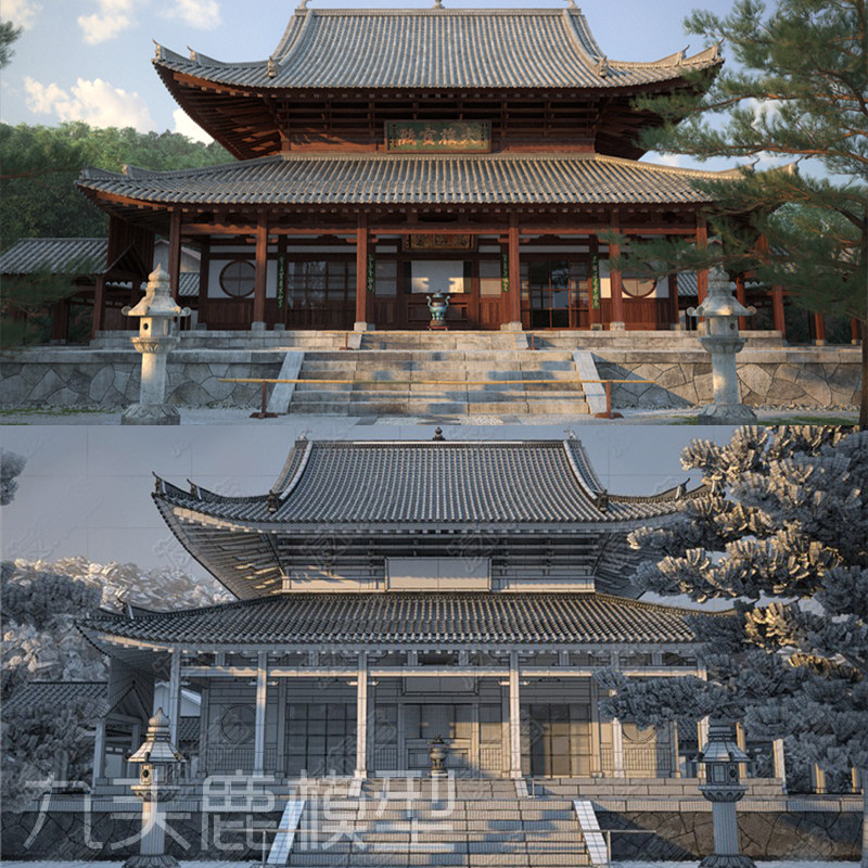 3Dmax三维写实古建筑模型建筑房屋素材游戏动画场景Vray材质文件