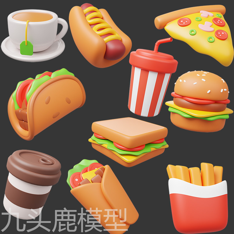 10个卡通快餐食物汉堡饮料3D图标三维模型素材fbx格式png免抠图片