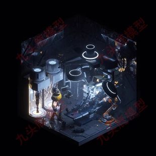 未来科幻机器人机甲生产研究维修车间微缩场景模型C4D FBX OBJ