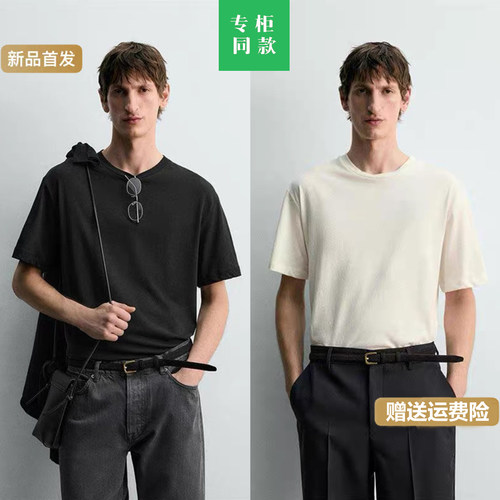 柜259！ZA家春夏新品男装纯棉黑短袖亚麻混纺宽松版型T恤 5372427