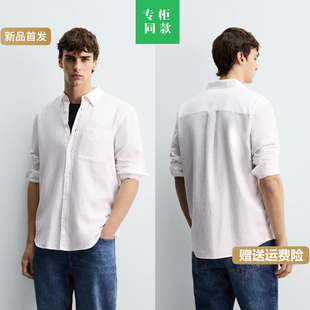 柜329！ZA春夏新品男装修身直筒棉麻混纺白色长袖衬衫1063411 250