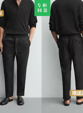柜429！春季新款男装宽松弹力腰身凉感亚麻休闲直筒裤5070902 052