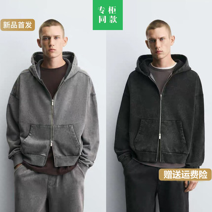 柜399！ZA秋季新品男装宽松休闲水洗连帽拉链卫衣外套3443334 826