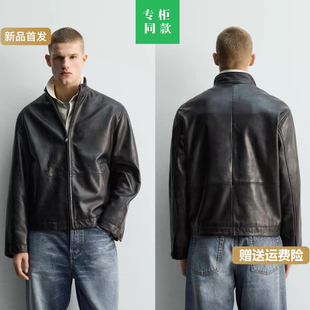 柜999!ZA新品男装休闲宽松版型皮革立领夹克皮衣外套5388750 800