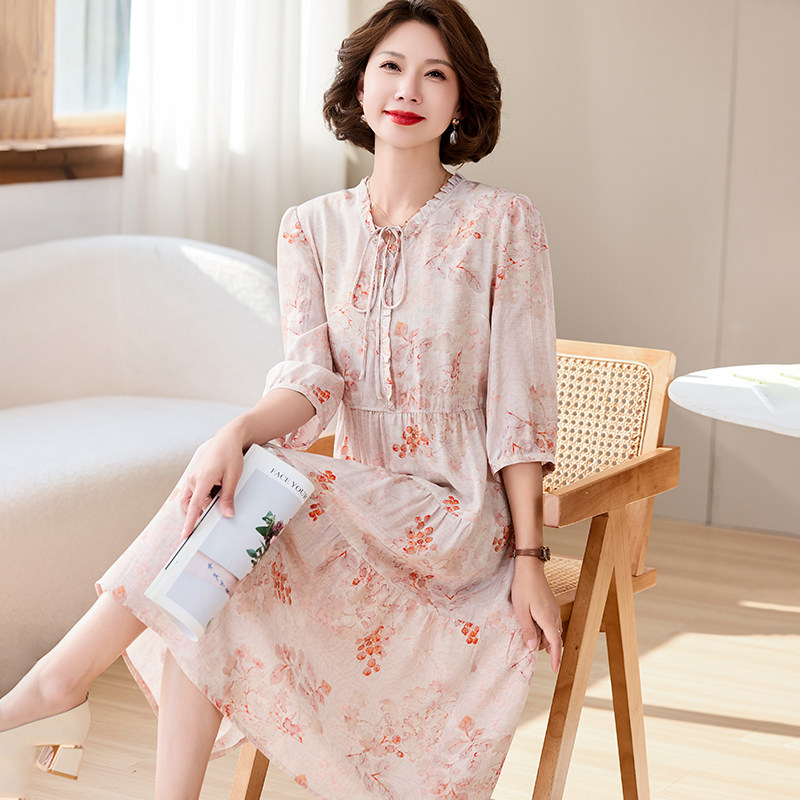 卡若维娅大牌真丝印花连衣裙女桑蚕丝甜美碎花中长款减龄中袖裙子