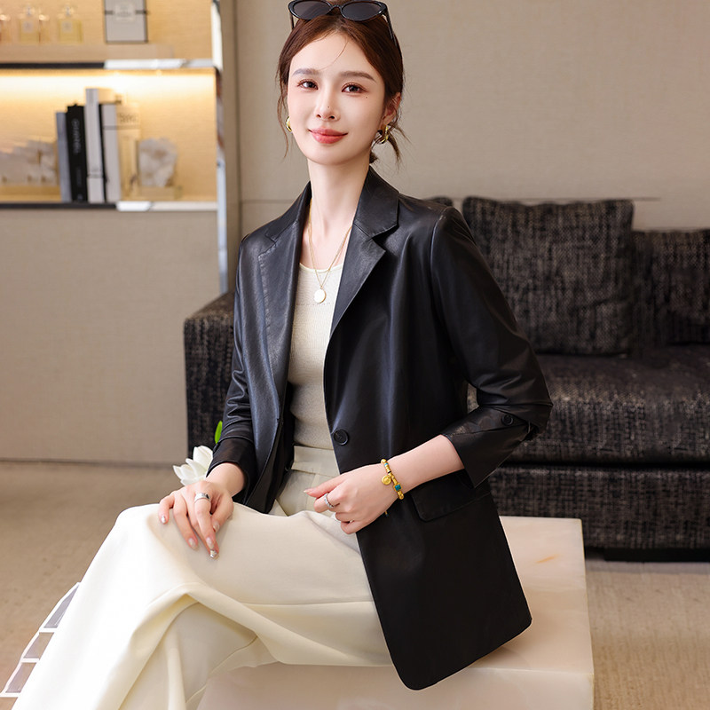 卡若维娅韩系海宁真皮皮衣女中长款黑色绵羊皮外套休闲高级感西装