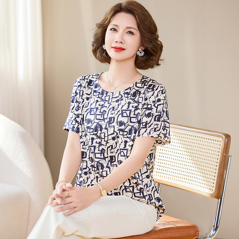 真丝印花短袖桑蚕丝衬衫妈妈上衣