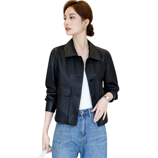 卡若维娅进口真皮绵羊皮女短款外套黑色单皮夹克上衣2025海宁皮衣