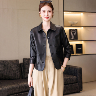 卡若维娅2025秋季海宁真皮皮衣女黑色翻领短款外套绵羊皮单皮夹克