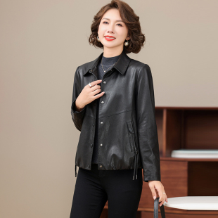 卡若维娅高级感海宁真皮皮衣女2025秋季黑色小个子绵羊皮夹克外套