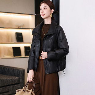 卡若维娅海宁真皮皮衣女短款2025冬新款绵羊皮羽绒服黑色休闲外套