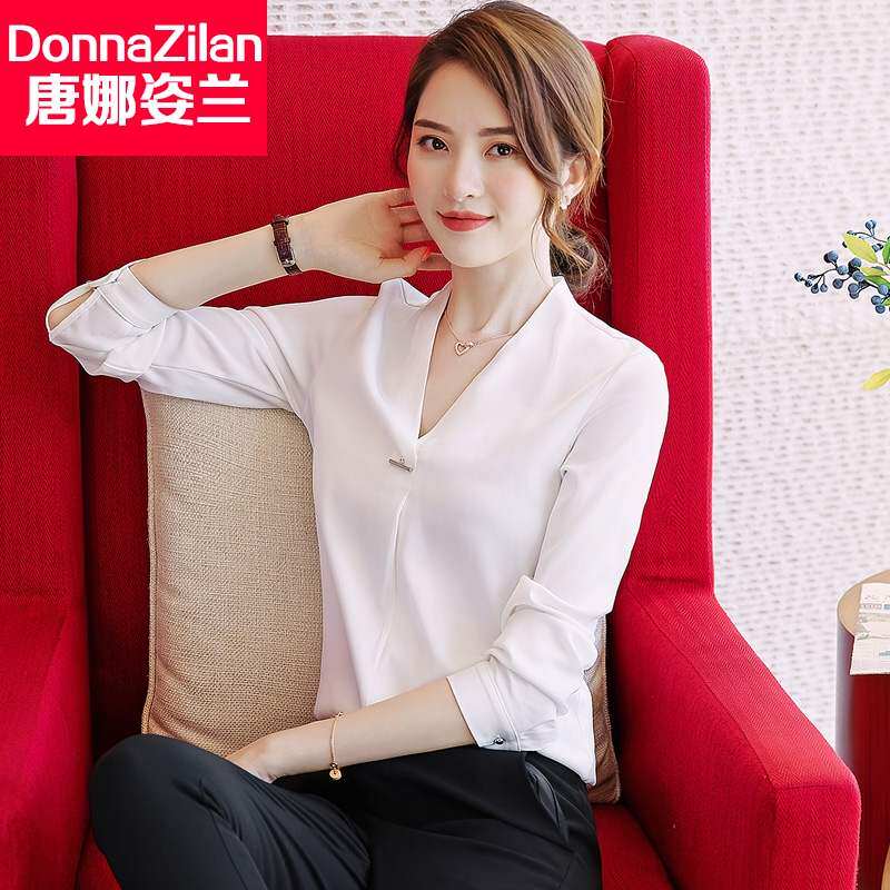 职业衬衫女长袖2019秋季时尚白衬衣韩版V领雪纺工作服正装OL纯色|msdalam kategori Butik wanita / wanita, shirt - dari Buy2taobao.com untuk memberikan perkhidmatan ejen Taobao profesional membeli