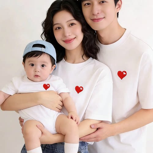 立体刺绣婴儿亲子装夏T恤一家三口四口小月龄满月百天拍照全家福