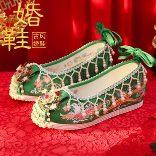 婚礼配古装 刺绣鞋 民族风流苏内布鞋 秀禾汉服鞋 中式 绿色古风新娘鞋