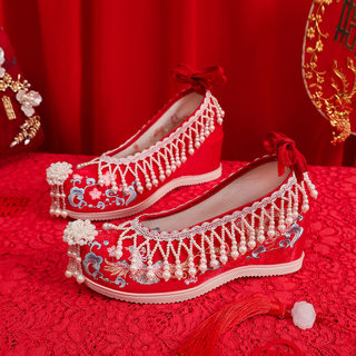 中式婚礼禾鞋女原创珍珠流苏婚鞋古风内增高翘头新娘敬酒刺绣鞋