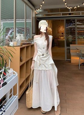 法式设计套装气质斜肩上衣女装网纱夏季拼接半身裙腰带长裙两件套