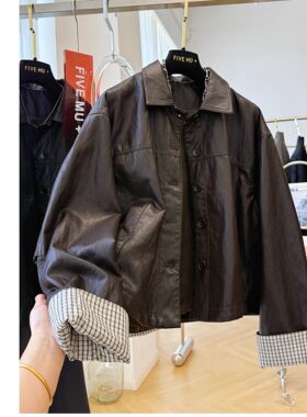 2025超火韩系休闲翻领小皮衣女秋季超好看皮夹克短款外套