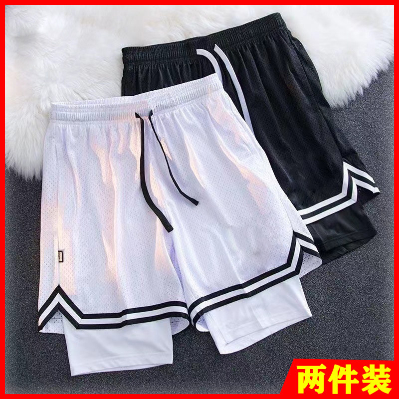 夏季美式篮球短裤带内衬男速干弹力裤假两件运动裤跑步训练五分裤