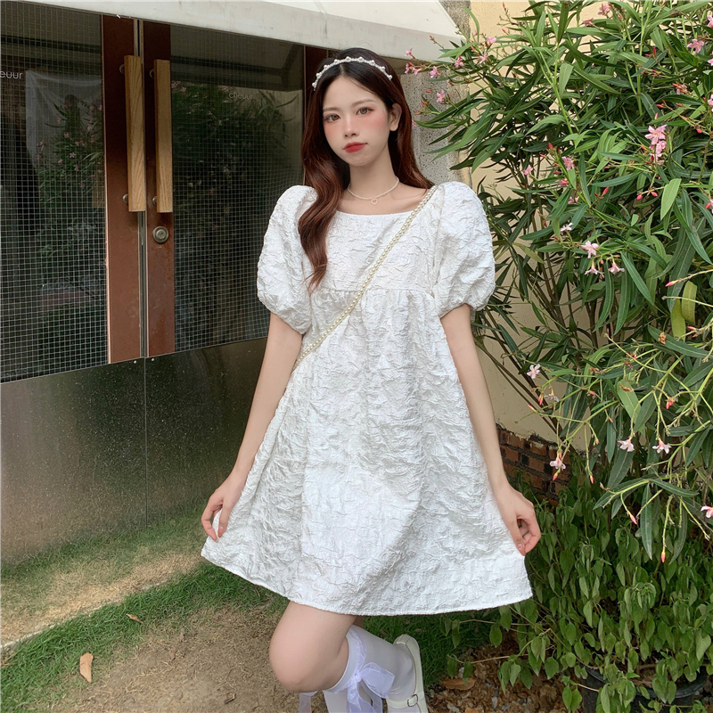 Real price French niche square neck bubble sleeve dress with air bow waist fairy dress in summer
