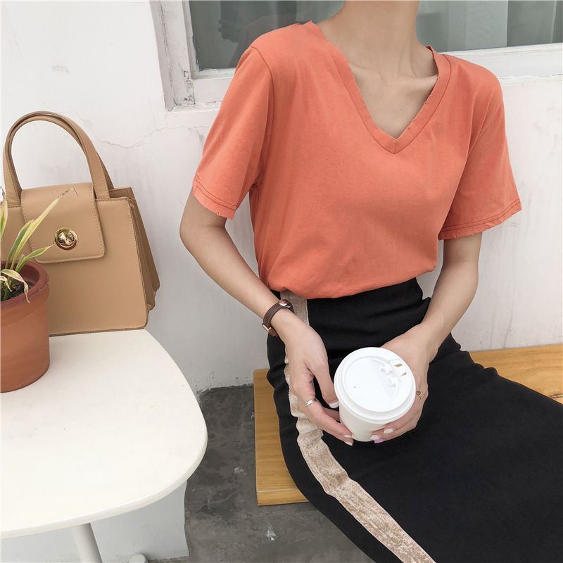 Real price Korean versatile multi color V-neck short sleeve basic T-shirt